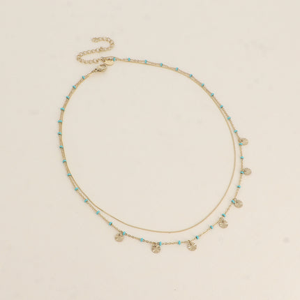 Collier - 2 rangs, maille fine serpent et maille avec boules en émail et pampilles rondes texturées