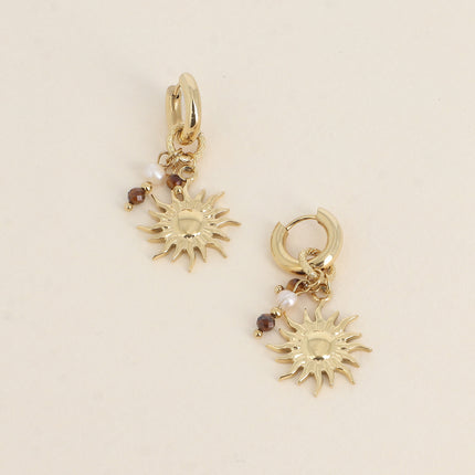 Hoop earrings - natural stones, freshwater pearl and sun pendant