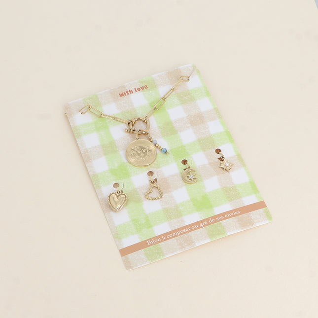 Cartelette WITH LOVE Collier et 6 pendentifs (médaillon éclipse, lune et soleil et pierres naturelles)