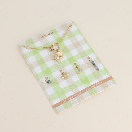 Cartelette WITH LOVE Bracelet et 6 pendentifs (étoile avec boule de résine et coeur)