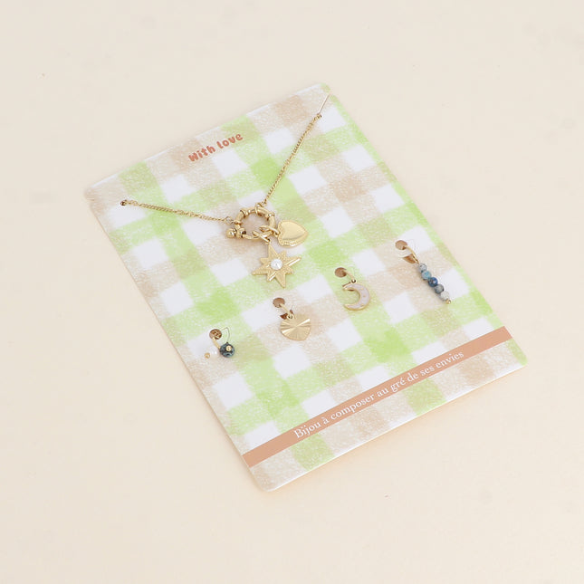 Cartelette WITH LOVE Collier et 6 pendentifs (pièce zébrée avec arbre de vie gravé et résine triangulaire)