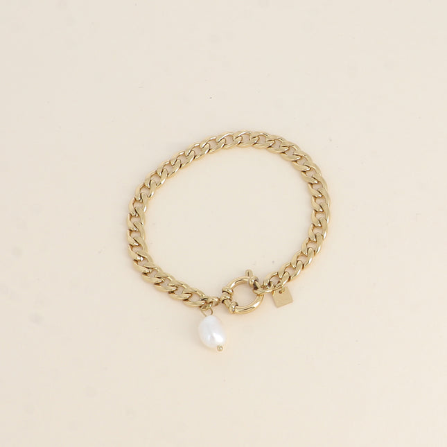 Bracelet - maille gourmette, fermoir bouée, perle d'eau douce