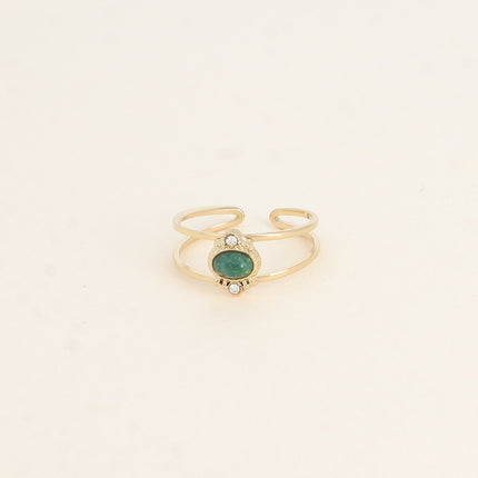 Bague Cléo - 2 anneaux, oxydes de zirconium et pierre naturelle ovale