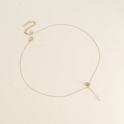 Collier Y - anneau de cristaux, perle d'eau douce