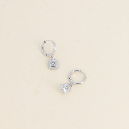 Mini hoop earrings - square pendant with star and cubic zirconia