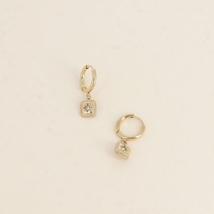Mini hoop earrings - square pendant with star and cubic zirconia