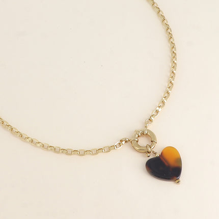 Collier - maille vénitienne, fermoir bouée et pendentif coeur en acétate motif léopard