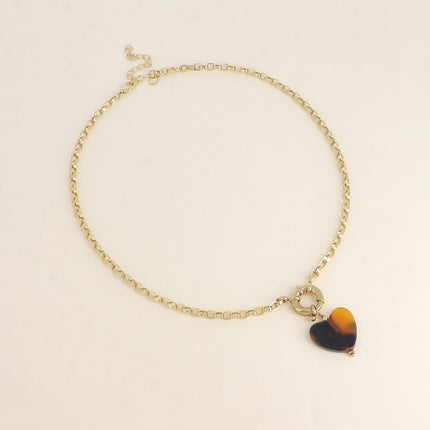 Collier - maille vénitienne, fermoir bouée et pendentif coeur en acétate motif léopard