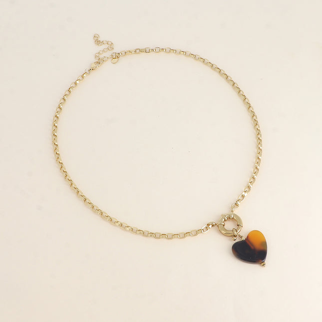 Collier - maille vénitienne, fermoir bouée et pendentif coeur en acétate motif léopard