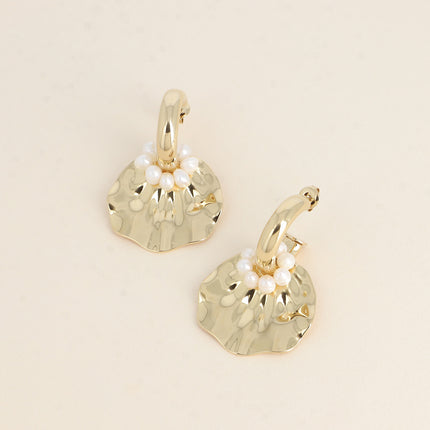 Papaya Creole Earrings - freshwater pearl ring and structured shell piece
