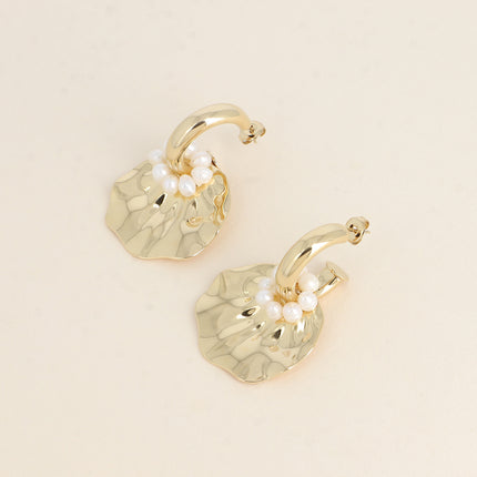 Papaya Creole Earrings - freshwater pearl ring and structured shell piece