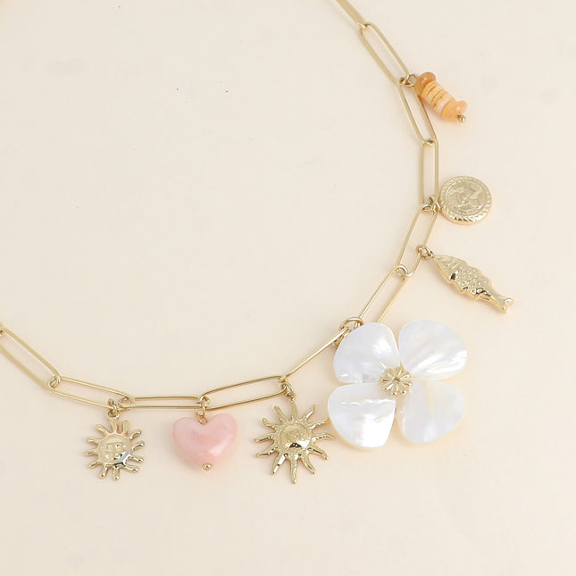 Necklace - charms (mother-of-pearl flower, suns, fish, seashells, heart and Swiss coin)
