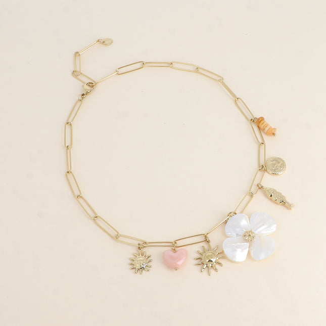 Necklace - charms (mother-of-pearl flower, suns, fish, seashells, heart and Swiss coin)