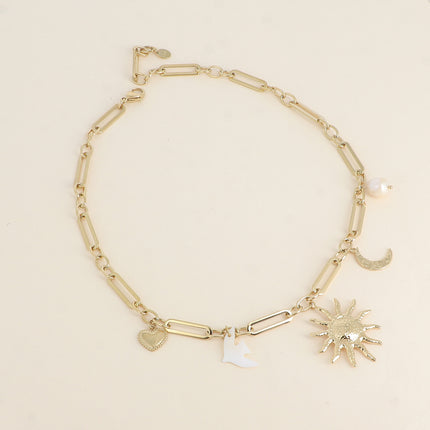 Collier Luzia - breloques (coeurs, soleil, oiseau), pierres naturelles