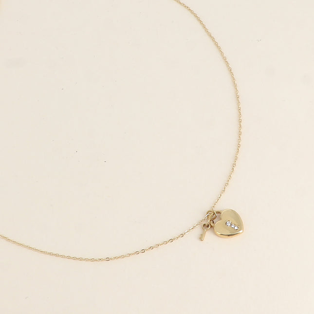 Collier - cadenas coeur et oxyde de zirconium, petite clef coeur