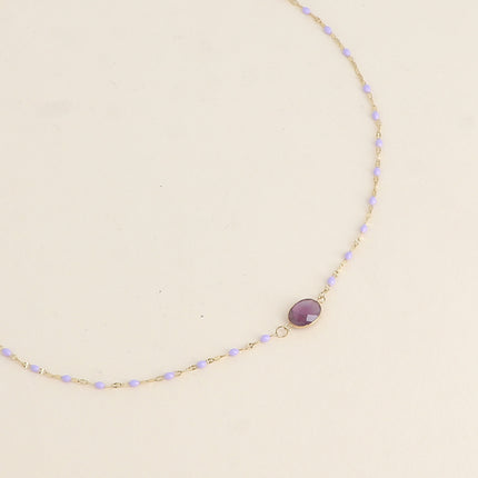 Collier Noelynn - chaîne émaillée, maille café de grain, pierre naturelle ovale