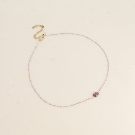 Collier Noelynn - chaîne émaillée, maille café de grain, pierre naturelle ovale