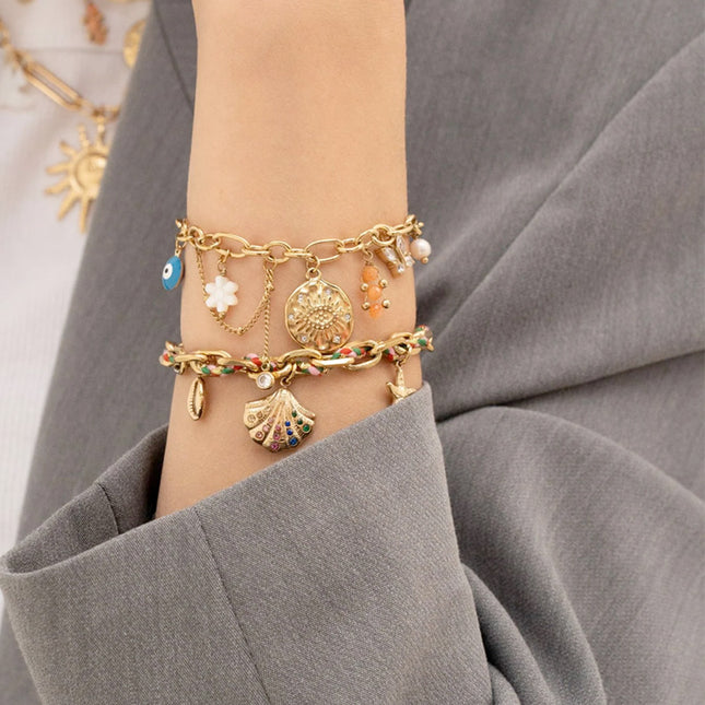 Bracelet Falia - chaîne et cordon tressé, 3 pampilles (cauri, coquillage avec oxydes de zirconium et étoile de mer)
