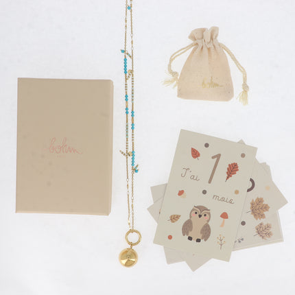 Nora necklace - braided cord, beads and natural stones with BOLA charm - With bola box