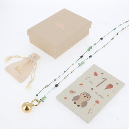 Long necklace - braided cord, natural beads and stones, and BOLA charm – With bola box