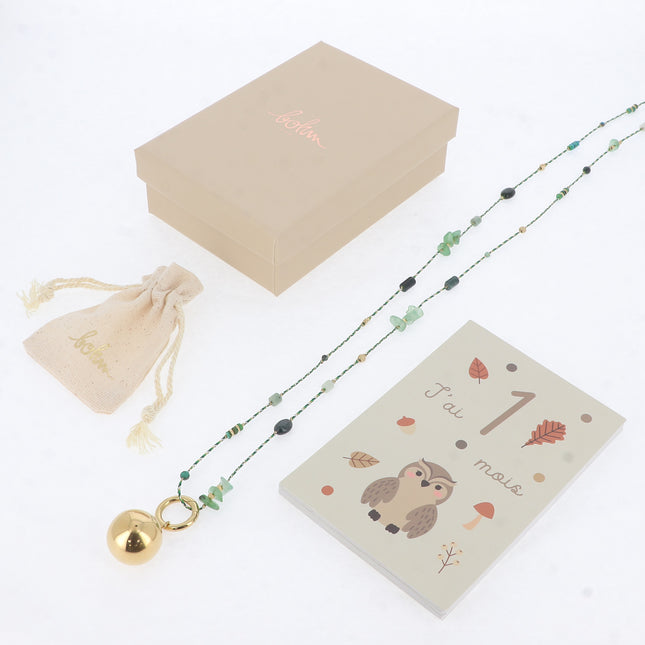 Long necklace - braided cord, natural beads and stones, and BOLA charm – With bola box