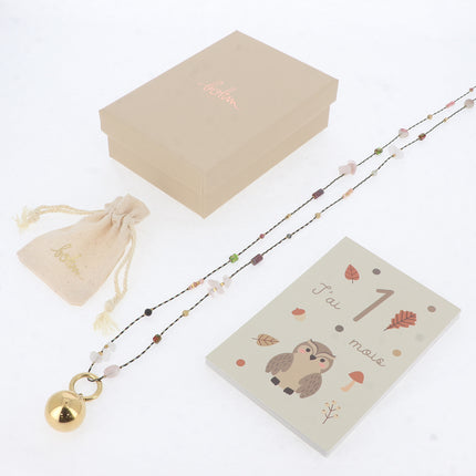Long necklace - braided cord, natural beads and stones, and BOLA charm – With bola box