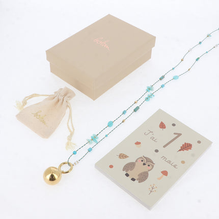 Long necklace - braided cord, natural beads and stones, and BOLA charm – With bola box