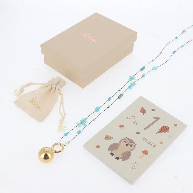 Long necklace - braided cord, natural beads and stones, and BOLA charm – With bola box