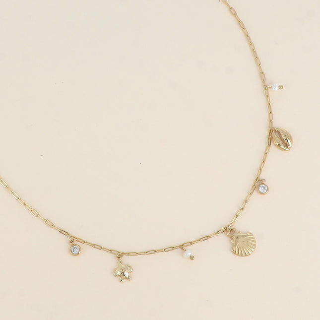 Necklace - shell, cowrie, turtle, freshwater pearls and crystal