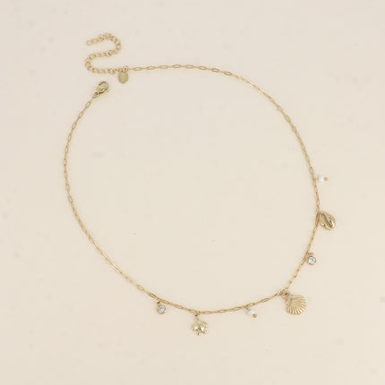 Collier - coquillage, cauri, tortue, perles d'eau douce et cristal