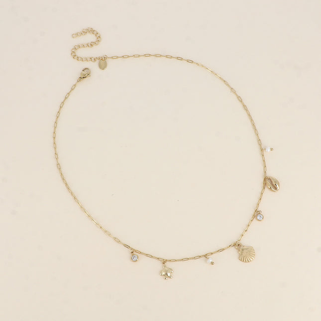Necklace - shell, cowrie, turtle, freshwater pearls and crystal
