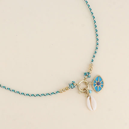 Collier sur cordon - fermoir bouée et breloques (oeil et cauri naturel)