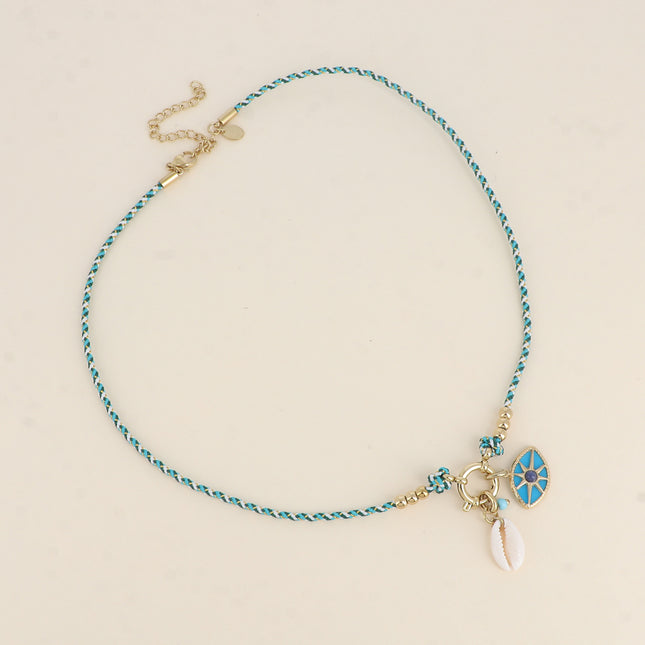 Collier sur cordon - fermoir bouée et breloques (oeil et cauri naturel)