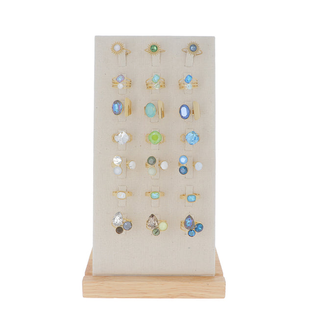 Kit de 21 bagues - doré vert mix - ornées de cristaux Swarovski® et de pierres naturelles - prix moyen de 7,60€/bague - Présentoir offert