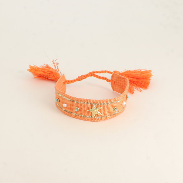 Bracelet en tissu coulissant Passéna - oeil en émail et oxydes de zirconium, perles d'eau douce et pompons