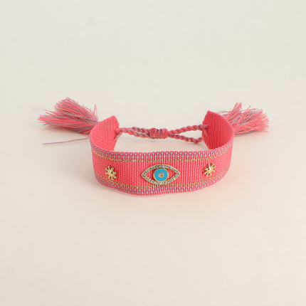 Bracelet en tissu coulissant - oeil en émail et oxydes de zirconium, pompons