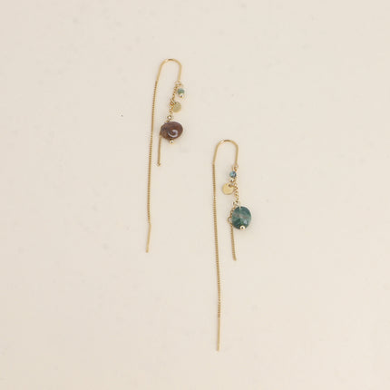 Boucles pendantes Alice - 2 chaînes, pierres naturelles et pampille ronde