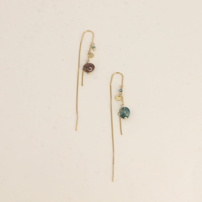 Boucles pendantes Alice - 2 chaînes, pierres naturelles et pampille ronde