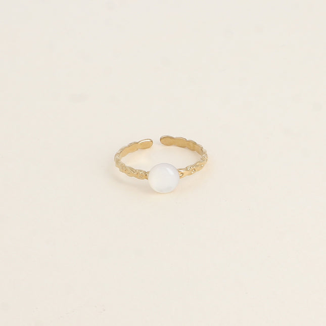 Bague Anémone - anneau effet tressé et pierre naturelle plate ronde