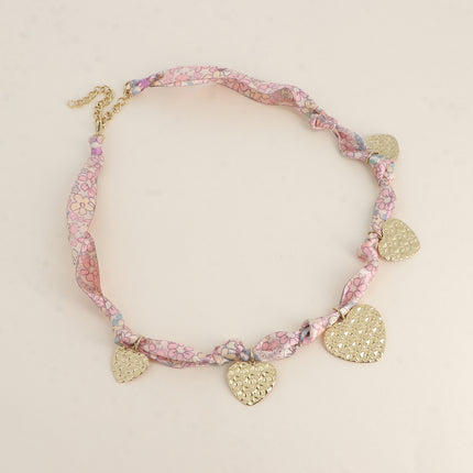 Collier Agla - tissu et pampilles coeurs texturés