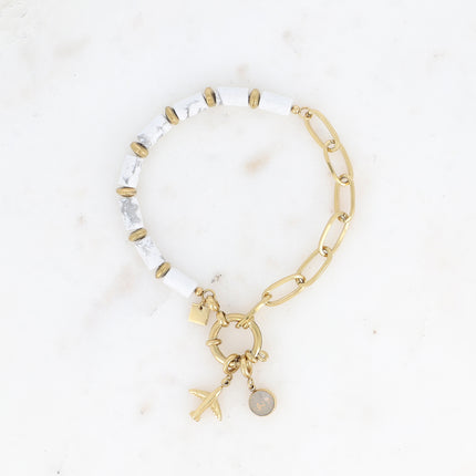 Bracelet - maille ovale, fermoir bouée & pierres naturelles et 2 charms Bohm
