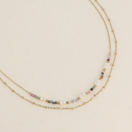 Collier 2 rangs Aryne - perles d'eau douce et pierres naturelles