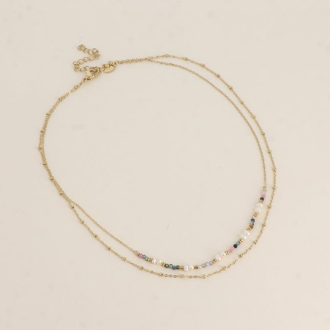 Collier 2 rangs Aryne - perles d'eau douce et pierres naturelles