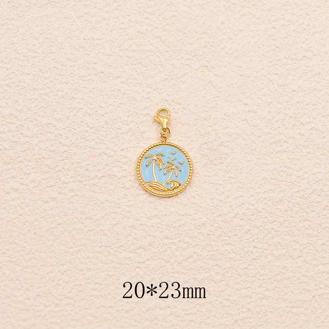 Charm - pendentif tropical (palmiers, vagues, oiseaux) et émail