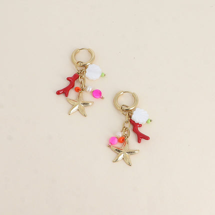 Créoles - étoile de mer, branche de corail émaillée, coquillage effet nacré et perles
