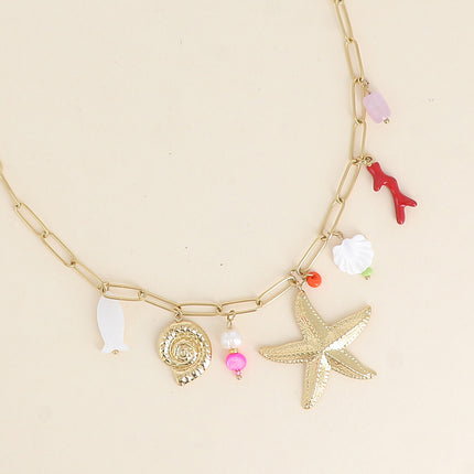 Collier - étoile de mer, coquillage escargot, branche de corail émaillée, coquillage effet nacré et perles