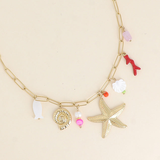 Necklace - starfish, snail shell, enameled coral branch, mother-of-pearl effect shell and pearls