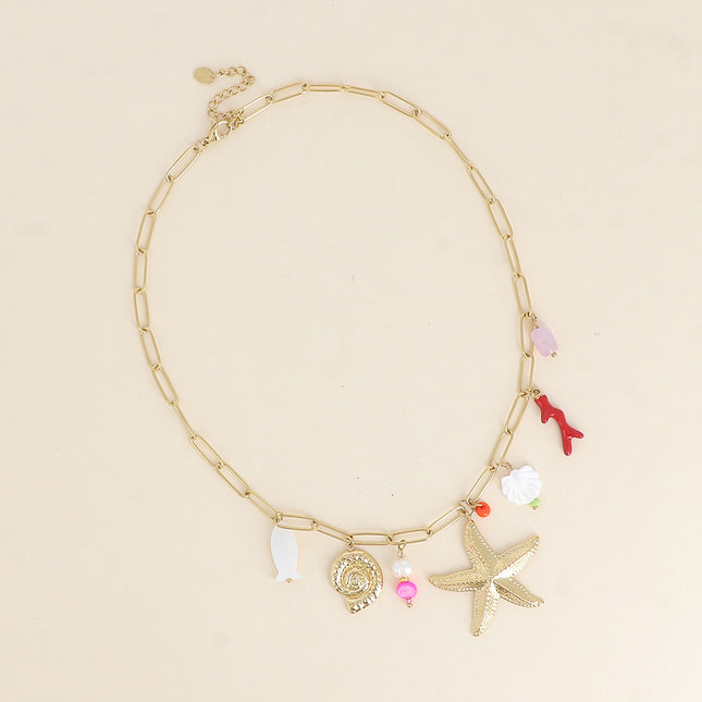 Necklace - starfish, snail shell, enameled coral branch, mother-of-pearl effect shell and pearls