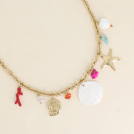 Collier Oriana - étoile de mer, coquillage escargot, branche de corail émaillée, coquillage effet nacré et pierres naturelles