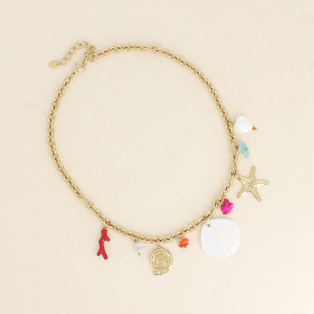 Oriana Necklace - starfish, snail shell, enameled coral branch, mother-of-pearl effect shell and natural stones